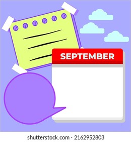 Blank September Single Calendar Template And Blank Sticky Notes. Templates Suitable For Social Media Content.