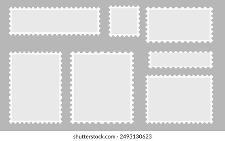 Blank set of 7 postage stamps. Paper postmarks for mail letter isolated on grey background. Vector illustration.