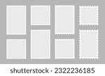 Blank set of 8 postage stamps. Paper postmarks for mail letter isolated on grey background. Vector illustration.