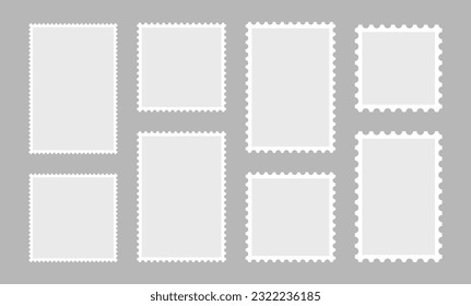 Blank set of 8 postage stamps. Paper postmarks for mail letter isolated on grey background. Vector illustration.