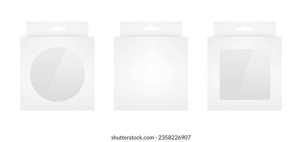 Caja de embalaje de papel en blanco con agujero colgante aislado sobre fondo blanco. Plantilla de paquete de producto. Empaquetado de accesorios. Diseño de plantilla de mockup. Vista frontal. Ilustración del vector