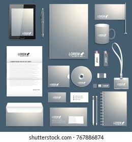 Blank set of vector corporate identity template. Modern business design presentation brochure, leaflet, envelope, card, badge, cup, tablet pc, pen, pencil. Stationery clean mock-up.