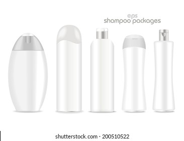 Blank shampoo packages  on white background. White and silver colors. Place for your text. Vector