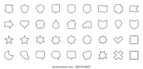 Blank shapes of shields, stars, speech bubbles, etc. Set of line icons. Web design elements at 48x48 pixels. Vector illustration