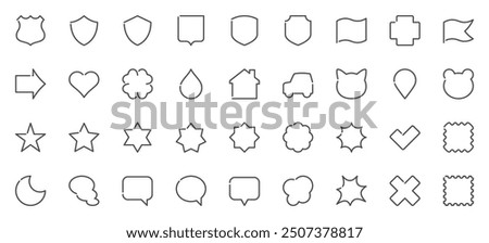 Blank shapes of shields, stars, speech bubbles, etc. Set of line icons. Web design elements at 48x48 pixels. Vector illustration