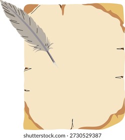 Una hoja en blanco de papel de pergamino envejecido con una pluma de pluma descansando sobre ella, listo para escribir.