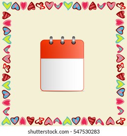 Blank sheet of calendar in a frame of hearts on yellow background