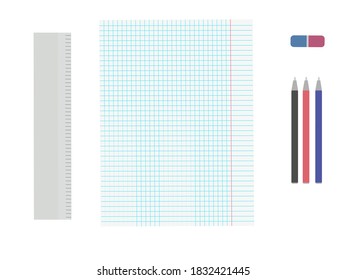 blank sheet of checkered paper with a field, multi-colored felt-tip pens, red, blue, black, eraser, gray ruler, everything is laid out on a flat surface