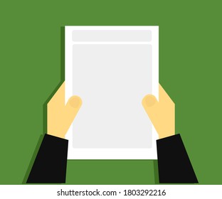 Leeres Blatt in den Händen eines Mannes auf dem Hintergrund. Cartoon. Vektorgrafik.