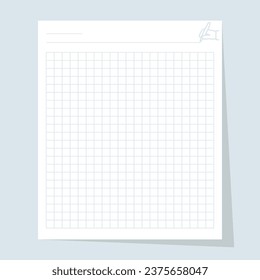 Blank sheet of notebook. Blank entry form. Paper with lines and squares for notes. Layout for notes. Vector illustration flat design. Isolated on white background.