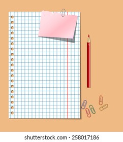 blank sheet of notebook paper with pencil and paper clips on the table vector