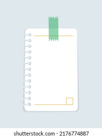 A blank sheet from the notebook is taped to the wall. Isolated on white background.Flat vector illustration. Eps10