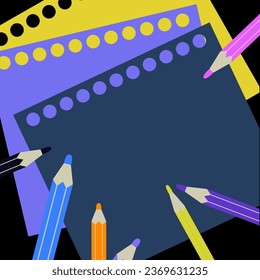 Blank sheet of paper and colored pencils. Write or draw something. Vector design. 
