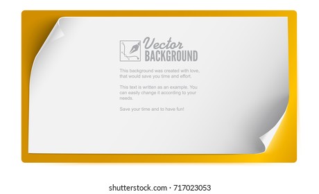 Blank sheet of paper with curled corners isolated on yellow background. White paper banner, background for advertising and announcements. Realistic template with bend corners, 3D illustration.