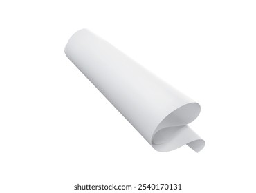 Una hoja de papel en blanco enroscada sobre un fondo blanco. Ilustración vectorial