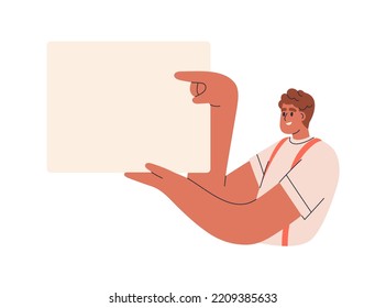 Blank sheet of paper in hands for presenting, advertising. Young happy man holding, showing, pointing at empty banner background, promotion card mock up. Flat vector illustration isolated on white