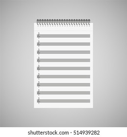 Blank sheet of paper with a note-lines for music. Isolated on a gray background. Vector illustration