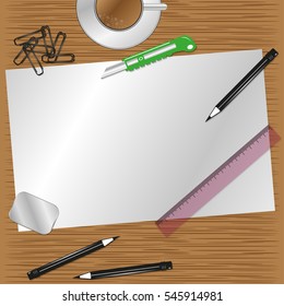 Blank sheet of paper on the desktop of the artist. Vector illustration.