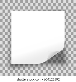Blank sheet of paper on transparent background. Empty white paper sheet with curled corner. Vector illustration