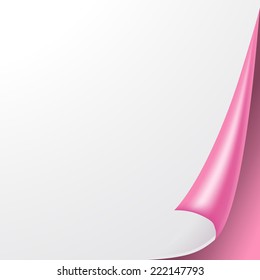 Blank sheet of paper with page curl and shadow, design element for advertising and promotional message isolated on white background. Vector illustration of pink bottom corner.