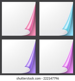 Blank sheet of paper with page curl and shadow, set of design element for advertising and promotional message isolated on white background. Vector illustration of pink bottom corner.