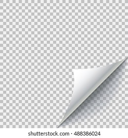 blank sheet of paper with page curl and transparent shadow, design element for advertising and promotional message isolated on white background, vector illustration