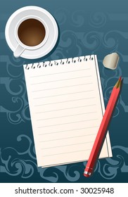 Blank sheet of paper with a pencil and a cup of coffee