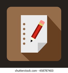 Blank sheet of paper and a pencil icon in flat style on a coffee background