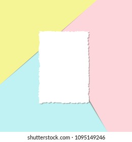 A blank sheet of paper, a postcard template with a torn edge for your design on a pink, blue and yellow vector background.