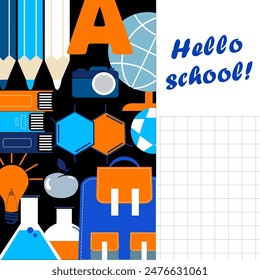 Blank sheet of paper and School elements vector illustration. Hello School emblem. Abstract composition. Education theme.