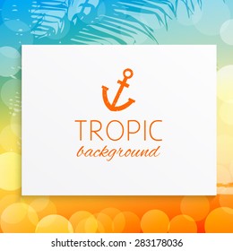 Blank sheet of paper set on a abstract tropical summer landscape sunrise or sunset coast of the sea with a palm tree and bokeh