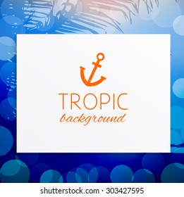 Blank sheet of paper set on a abstract tropical summer landscape ocean coast of the sea with a palm tree and bokeh
