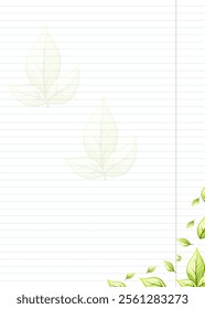 Blank sheet of striped notebook paper with stylized green leaves in flat style. Vector. The leaves are scattered across the paper, creating a sense of movement and energy.