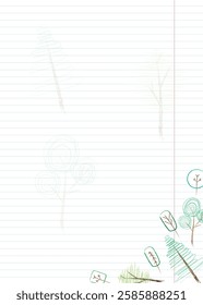 A blank sheet of striped notebook paper with colorful hand-drawn children's doodles.Vector. Trees drawn with charcoal and pencil.