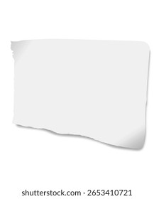 Blank sheet of torn white paper lying on a white background, casting a soft shadow and providing ample copy space for messages, reminders, or creative designs