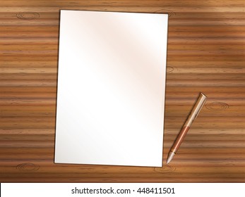 Blank sheet of white paper on wooden table. Brown premium rollerball pen near it. Copy space for Your custom printed or written text. Vector Illustration.