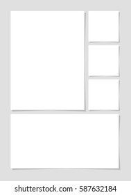 Blank sheet of white paper with the shadow for your design. White note papers on gray background. Collection of paper card banners with shadows. Blank sheets of white paper with shadow 