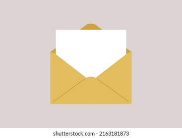 A blank sheet of white paper in a yellow envelope, a copy space template