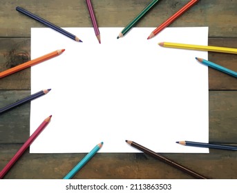 Blank sheet to write messages, notes, sketches or drawings.
Vector of empty paper on wooden boards surrounded by colored pencils.