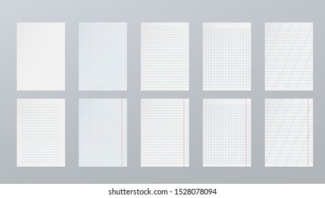 Blank Sheets Of Lined Paper Grid Page Set Isolated. EPS10 Vector