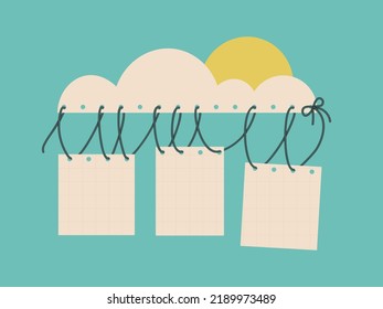 Blank sheets of paper hanging on a cloud. Templates for your design, postcards, posters, etc. Vector cute flat illustration.