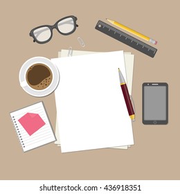 Blank sheets of paper on the desktop. View from above of  blank sheets of paper, pen, pencil, ruler, smartphone, glasses, cup of coffee, notepad, paper clips. Preparation for work, notes or sketches.