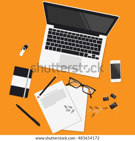 Blank sheets of paper on the desktop. View from above of blank sheets of paper, pen, pencil, marker, smart phone, a notebook, stickers, glasses, coffee cup. Preparation for work, notes or sketches.