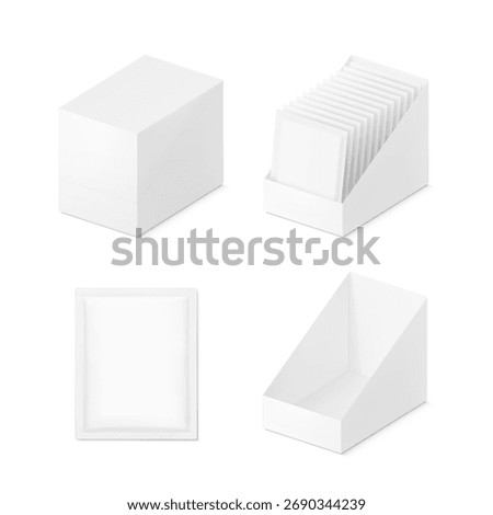 Blank shelf-ready box  with sachet mockup. Vector illustration isolated on white background. Easy to use for your product. EPS10.