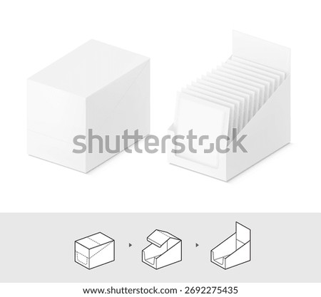 Blank shelf-ready box with sachet mockup. Vector illustration isolated on white background. Easy to use for your product. EPS10.	