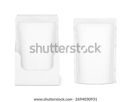 Blank shelf-ready box  with stand up pouch bag mockup. Front view. Vector illustration isolated on white background. Ready for your design. EPS10.