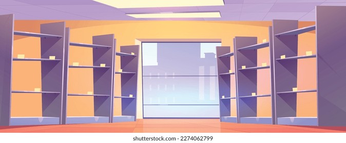 Blank shelves in supermarket aisle. Cartoon vector background with empty shelf in grocery store. Commercial interior for product and goods display showcase. Business game warehouse template.