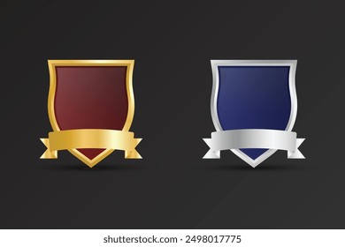 Blank sheriff badge design with golden and silver colors. Shield shape vector for achievement, Subscriber, and Promotional design. Luxurious official police badge vector with dark red and blue colors.