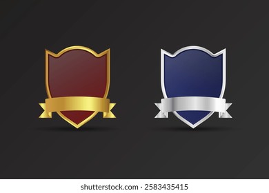 Blank shield and badge element on a dark background. Special police and security badge design. Luxurious golden and silver badge with red and blue colors. Shield vector with ribbons and text space.