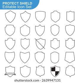 Blank Shield Icon Set. Security, Protection, Line Style Symbol. Vector Illustration